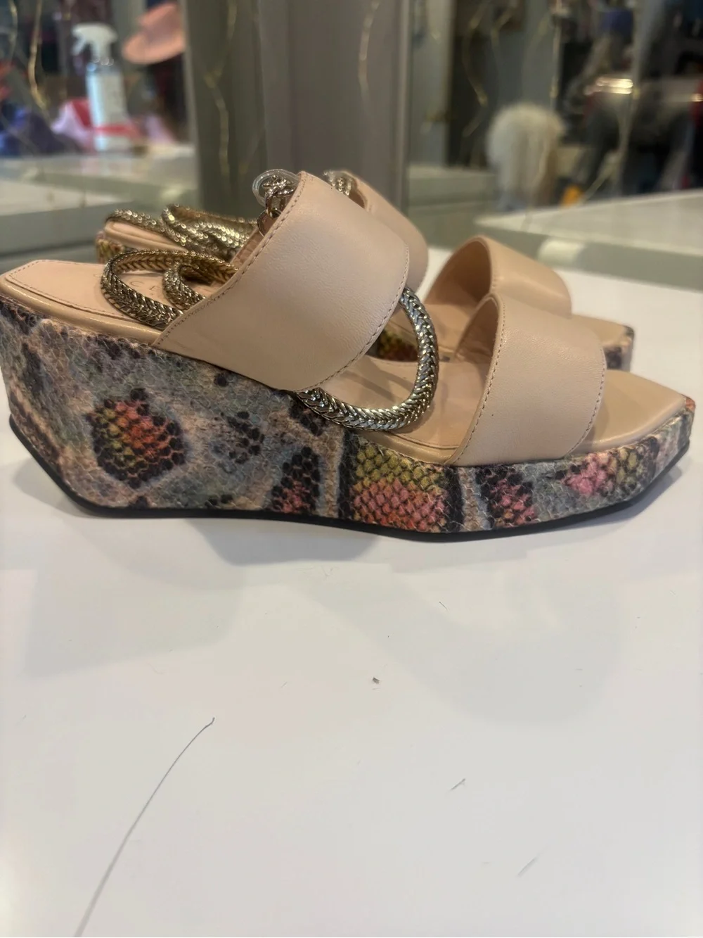 CECELIA NEW YORK Beige Platform Slide Sandals with Multicolor Patterned Wedge